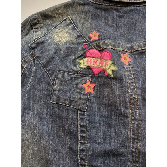 DKNY Juniors Jacket Blue Denim Collared Buttons Patches And Heart Logo Size L - Picture 13 of 16